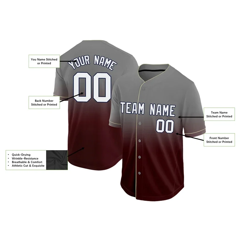 Camicia in jersey da baseball personalizzata serie sfumata stampata per camicia da uomo e da donna Camicie casual Abbigliamento sportivo Top hiphop