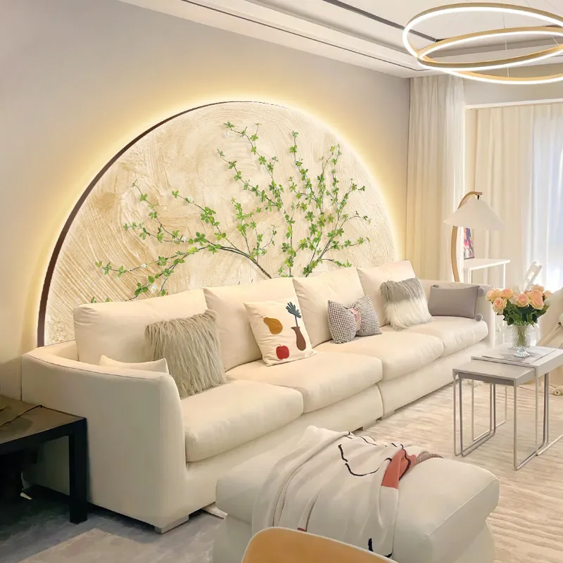 Pequeño fresco crema viento sala de estar pintura decorativa planta verde nórdica sofá Fondo pared lámpara de pared semicircular dormitorio be