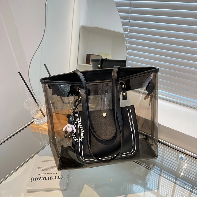 

Summer New Large Capacity Transparent Jelly Tote Bag Ladies Commuting Student Shoulder Bag Cute Black Handbag With Pendant