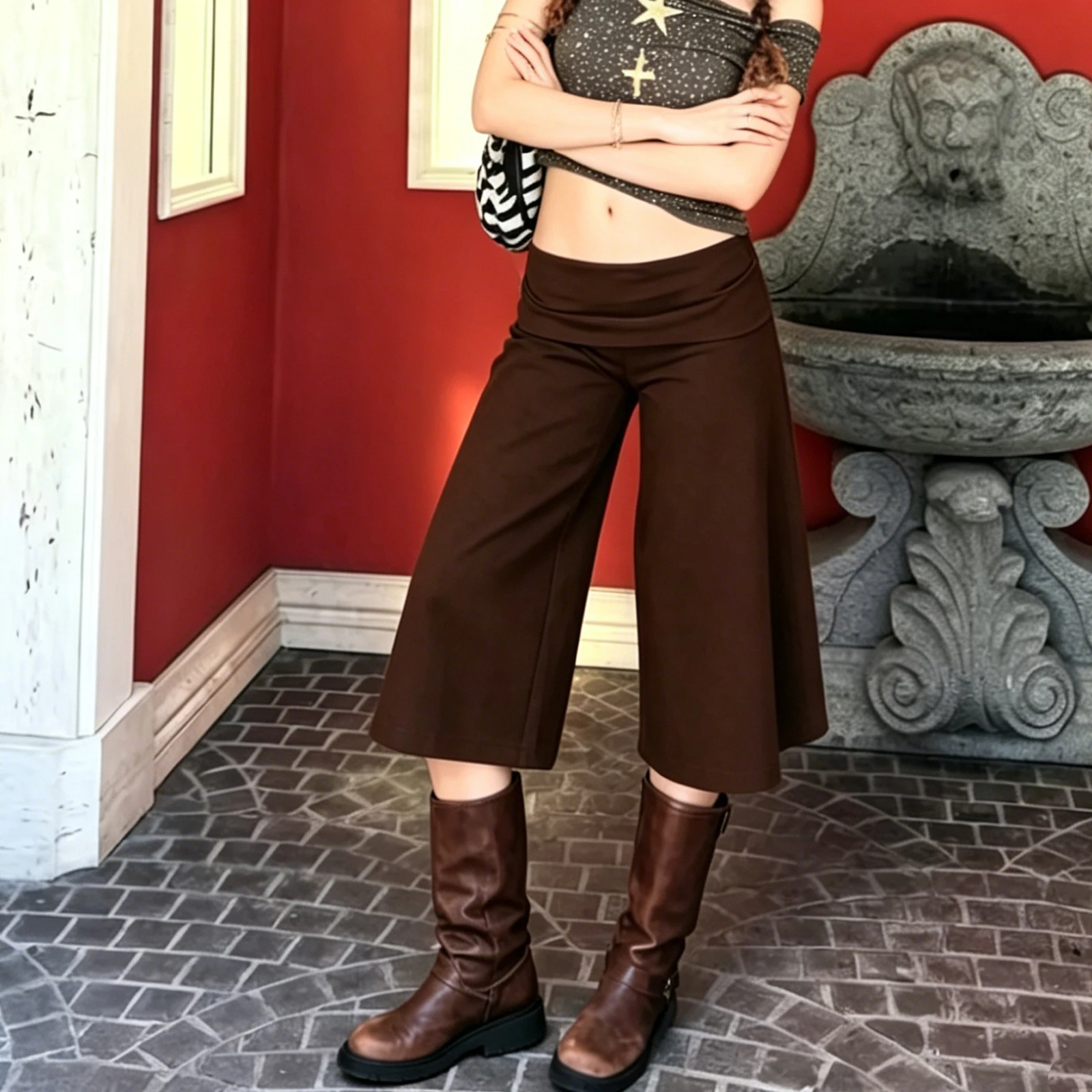 Casual Women Fold Over Cropped Capri Pants Low Rise Wide Leg Yoga Capris Palazzo Stretch Pants Bottoms Streetwear