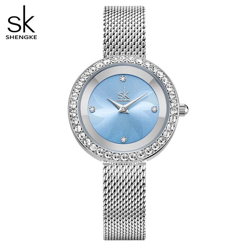 Shengke Top Luxe Merk Vrouw Horloges Diamond Blue Sky Vrouwen Quartz Horloges Originele Ontwerp Mesh Band Dames Klok