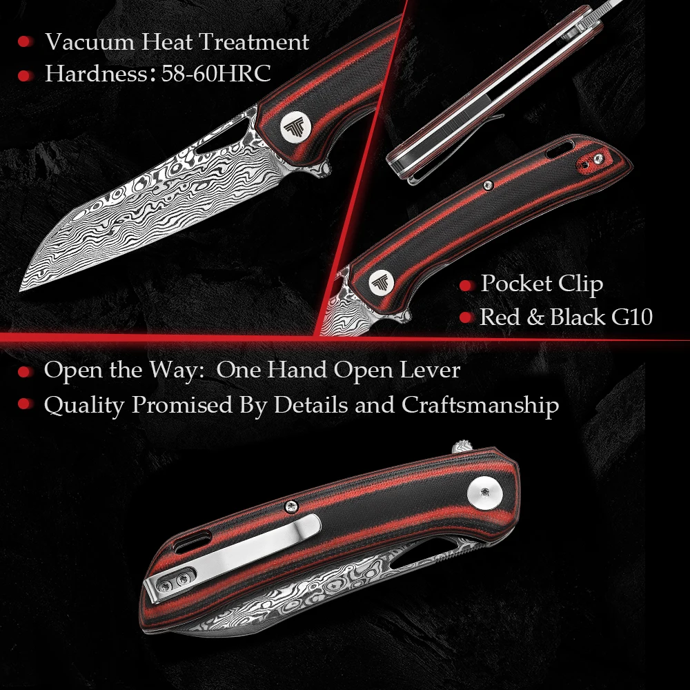 Trivisa Zak Vouwmes Met Clip Voor Mannen, 3.54 "Schapenvoet Damascus Stalen Mes Edc Messen & G10 Handvat, Outdoor Camping Tool