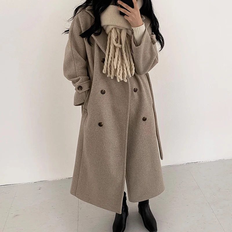 

Retro Chic Woolen Coat Double Breasted Loose Long Sve Turn-down Collar Fem Outerwear Korean Sle Straight Cut