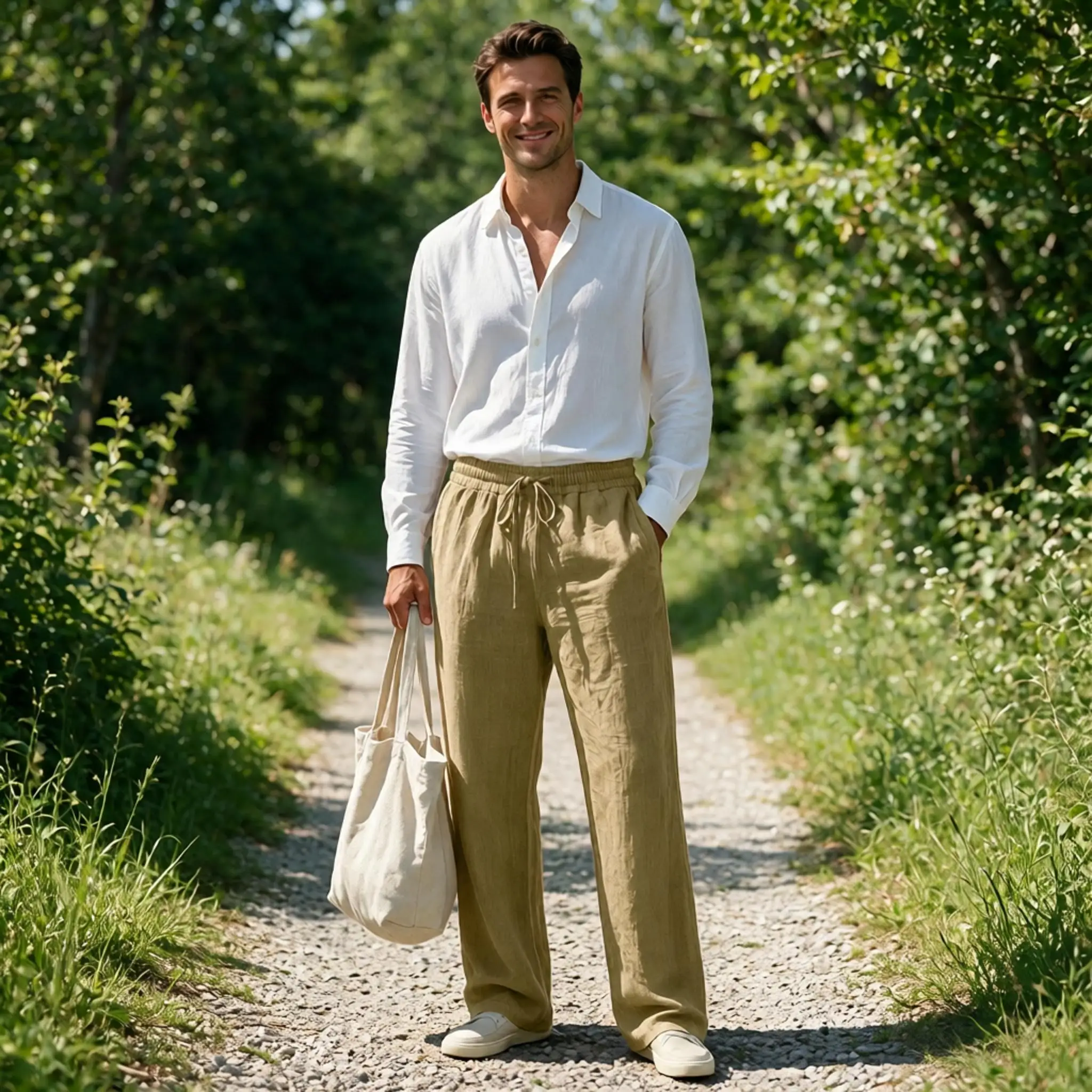 Men Linen Pants Elastic Waist Drawstring Loose Straight Leg Breathable Casual Beach Vacation Travel Street Daily Trousers