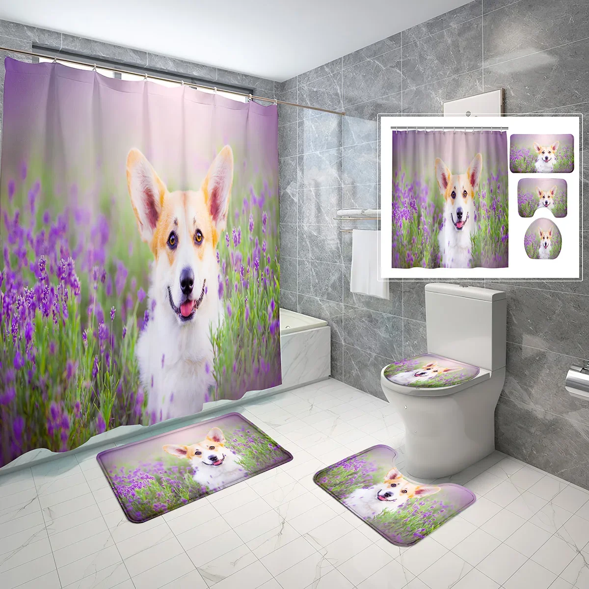 

4-х шт., набор занавесок для душа Corgi, щенок в цвете, декор для ванной комнаты, нескользящий коврик для ванной, крышка унитаза, водонепроницаемый набор занавесок для душа