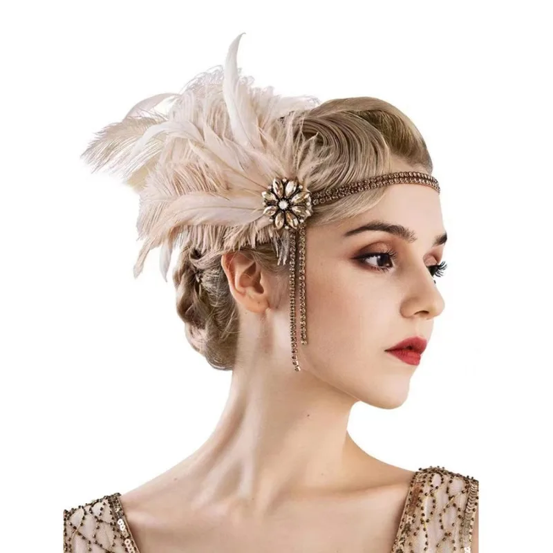 1920s Gatsby Party Feather Headband Yellow Fringe Retro Hair Accessory view 3