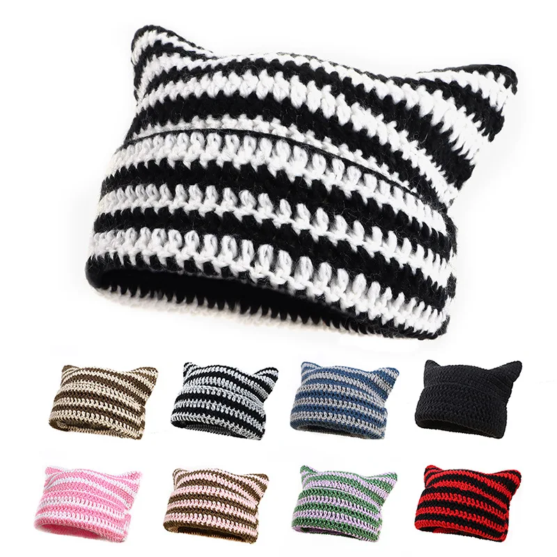 

Japanese Beanie Hat Ins Little Devil Striped Knitted Wool Cap Autumn and Winter Cute Cat Ears Pointed Pullover Womens