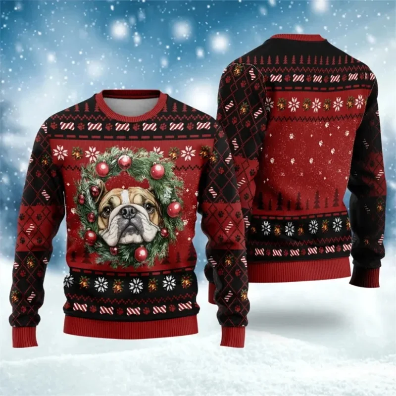 3D Print Bulldog Graphic Ugly Christmas Sweater For Men Animal Dog Xmas Sweatshirts Casual Women Pullovers Loose Tracksuit