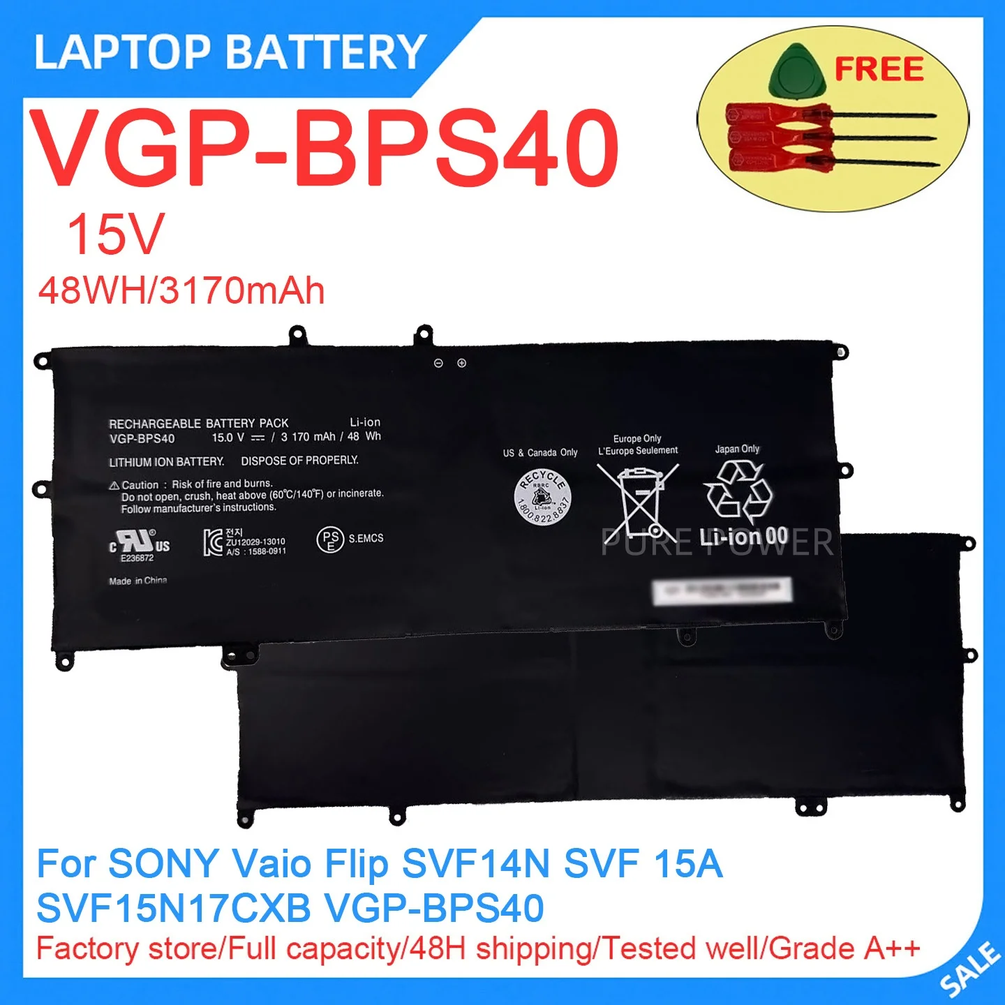 New Laptop Battery VGP-BPS40 15V 48WH 3170mAh High Quality For SONY Vaio Flip SVF14N SVF 15A SVF15N17CXB VGP-BPS40