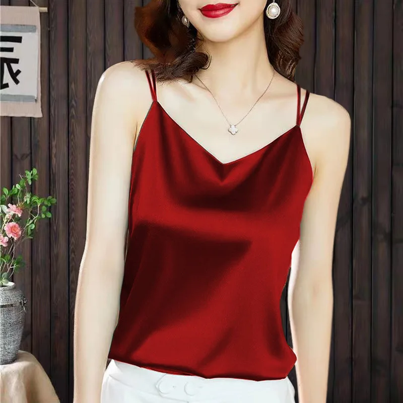 New Fashion Satin Camisole Women\'s Tank Top Inner With White Bottoming Basic Silk Top Summer Solid Strap V-neck Sleeveless Vest