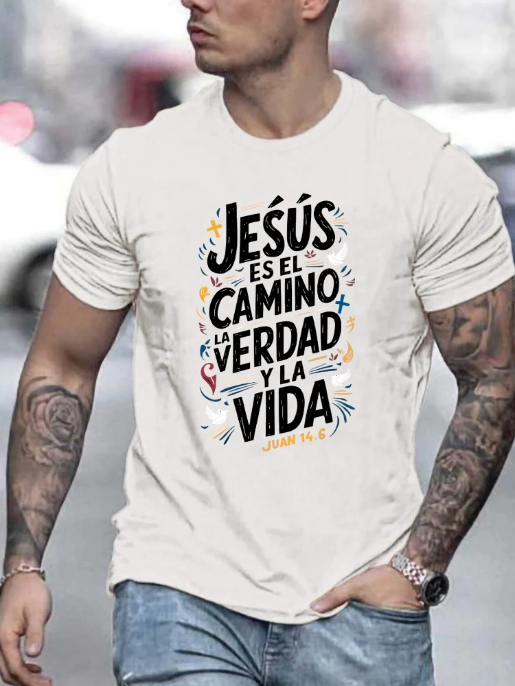 

with Inspirational Spanish Quote "JESUS CAMINO Y VIDA", design-100% cotton short sleeve O-neck printed men's T-shirt.