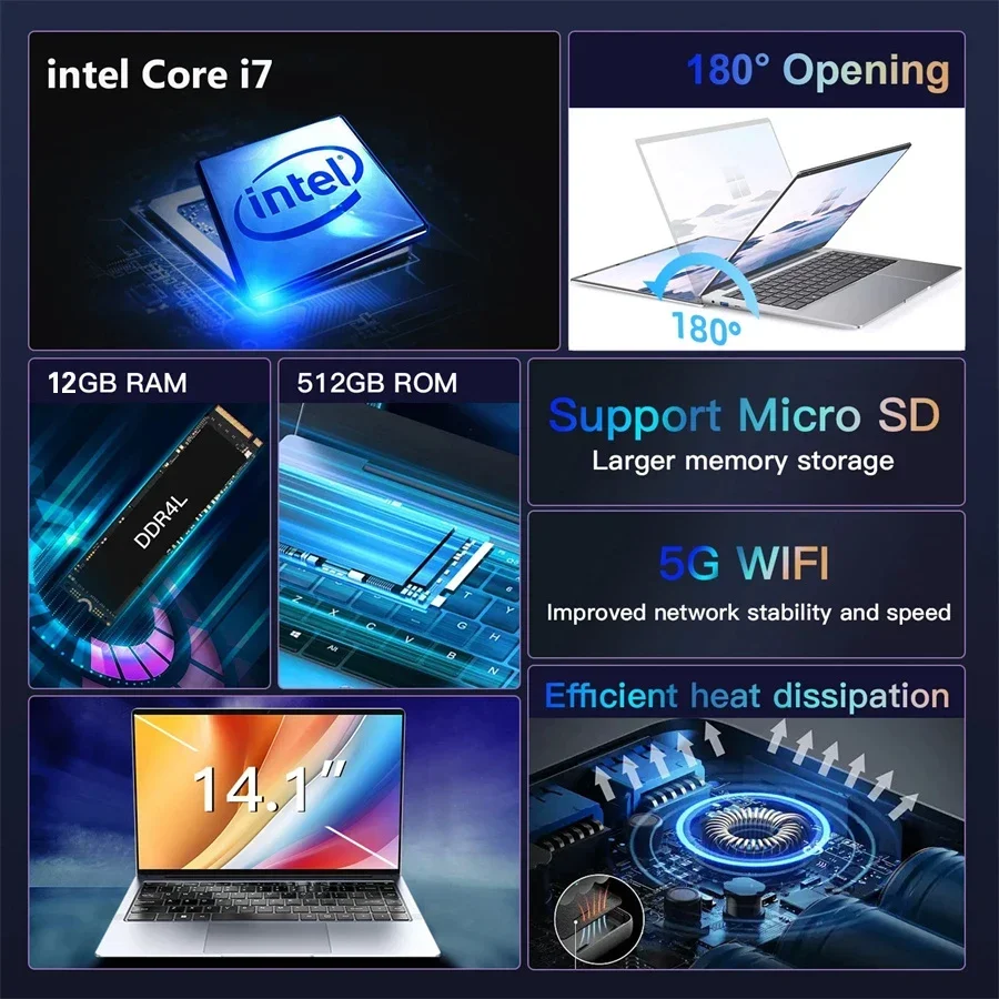 超薄型i9ラップトップ,オリジナルキーボード,Intel Core i7-7500U, 14インチ,16GB RAM, 1テラバイト,2テラバイトSSD, 1920x1080,ノートブック,2022