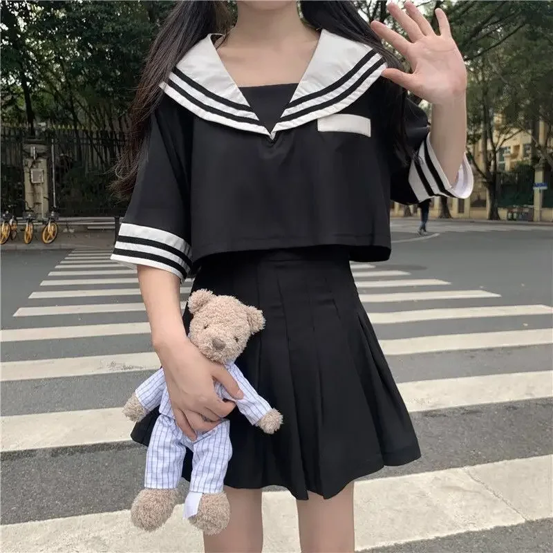 Japanese Korean Version Black White JK Suit Woman School Uniform Crop Sailor Top Cosplay Costumes Student Girls Pleated Skirt