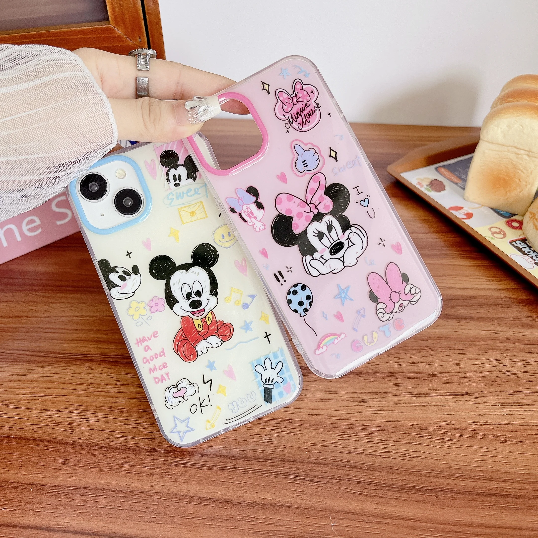 Cartoon Cute Line Mickey Minnie Phone Case for IPhone 16 15 14 13 12 Pro Max Anti-fall Back Cover Funda