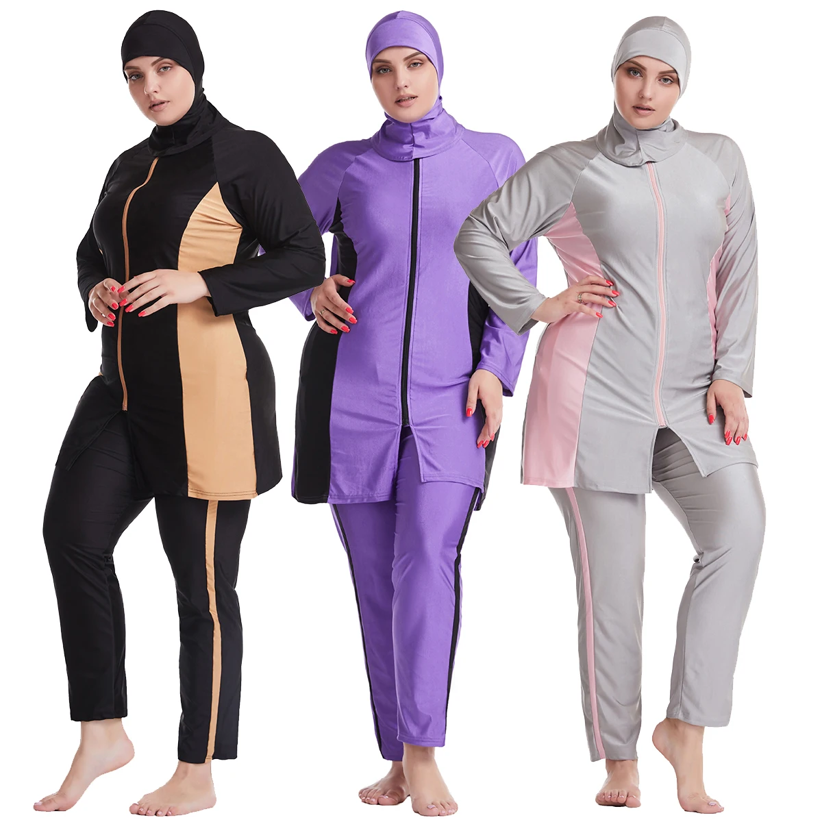 XL-6XL Muslim Lady Color-matching Long Sleeves Round Collar Zip Modest Swimming Clothing Arab Women 3 PCS Full Cover Swimsuits