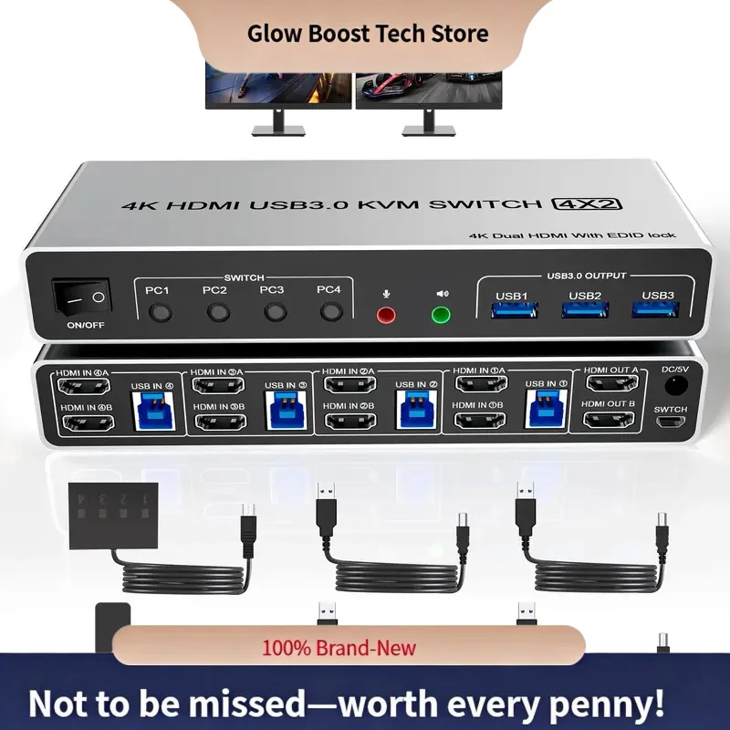 

Glow 4K@60Hz USB 3.0 KVM Switch Dual Monitors 4 Computers,2 Monitor 4 PC KVM Supports EDID with Audio Microphone 3 US