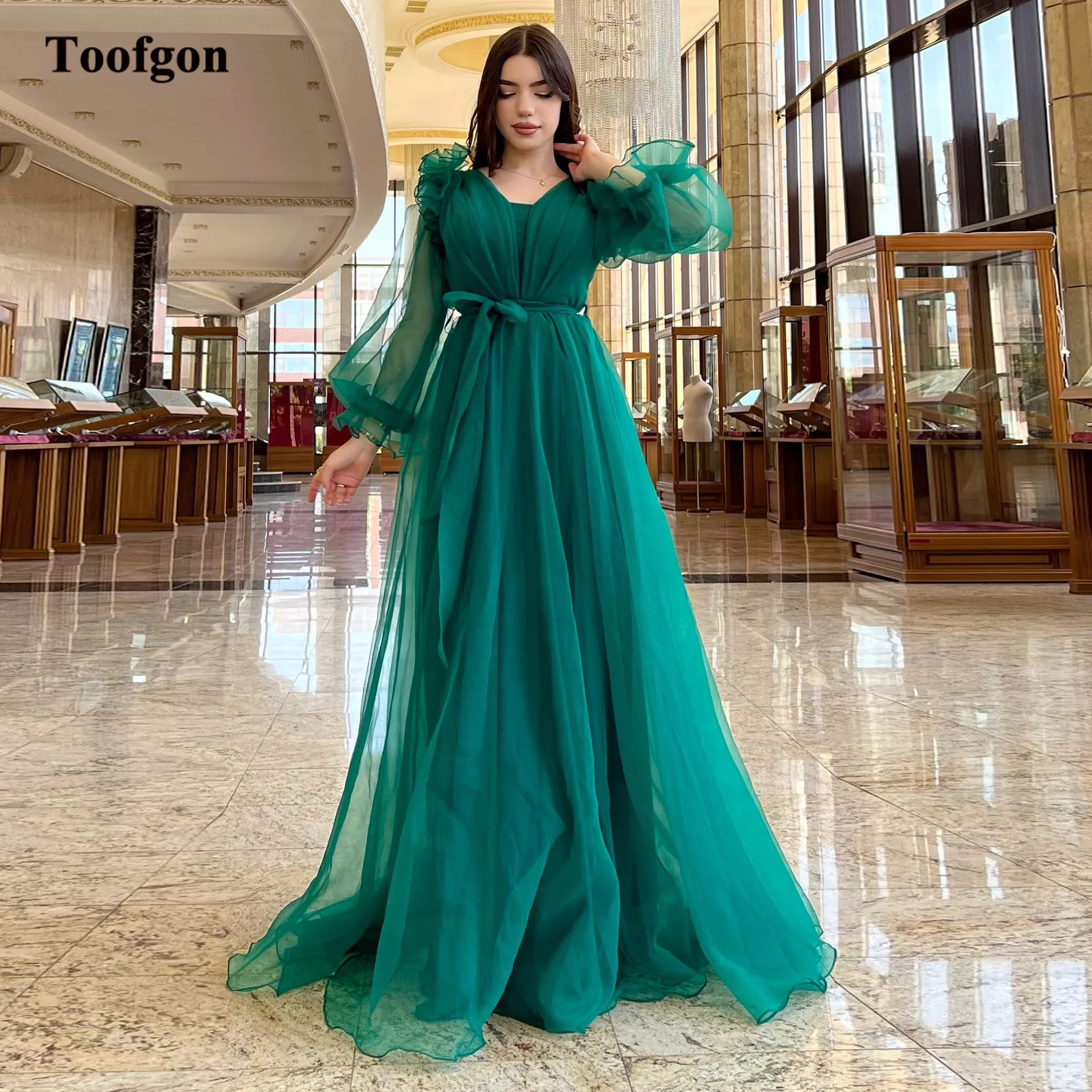 

Toofgon Green Puff Long Sleeves Prom Dresses V-Neck Women Formal Evening Gowns Sashes A Line Special Occasion Party Dress 2023