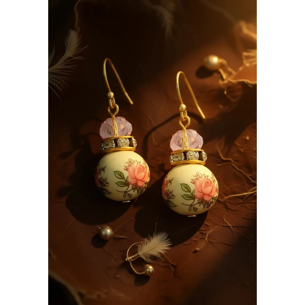 

Винтажные розовые серьги-подвески с цветочным узором и бисером