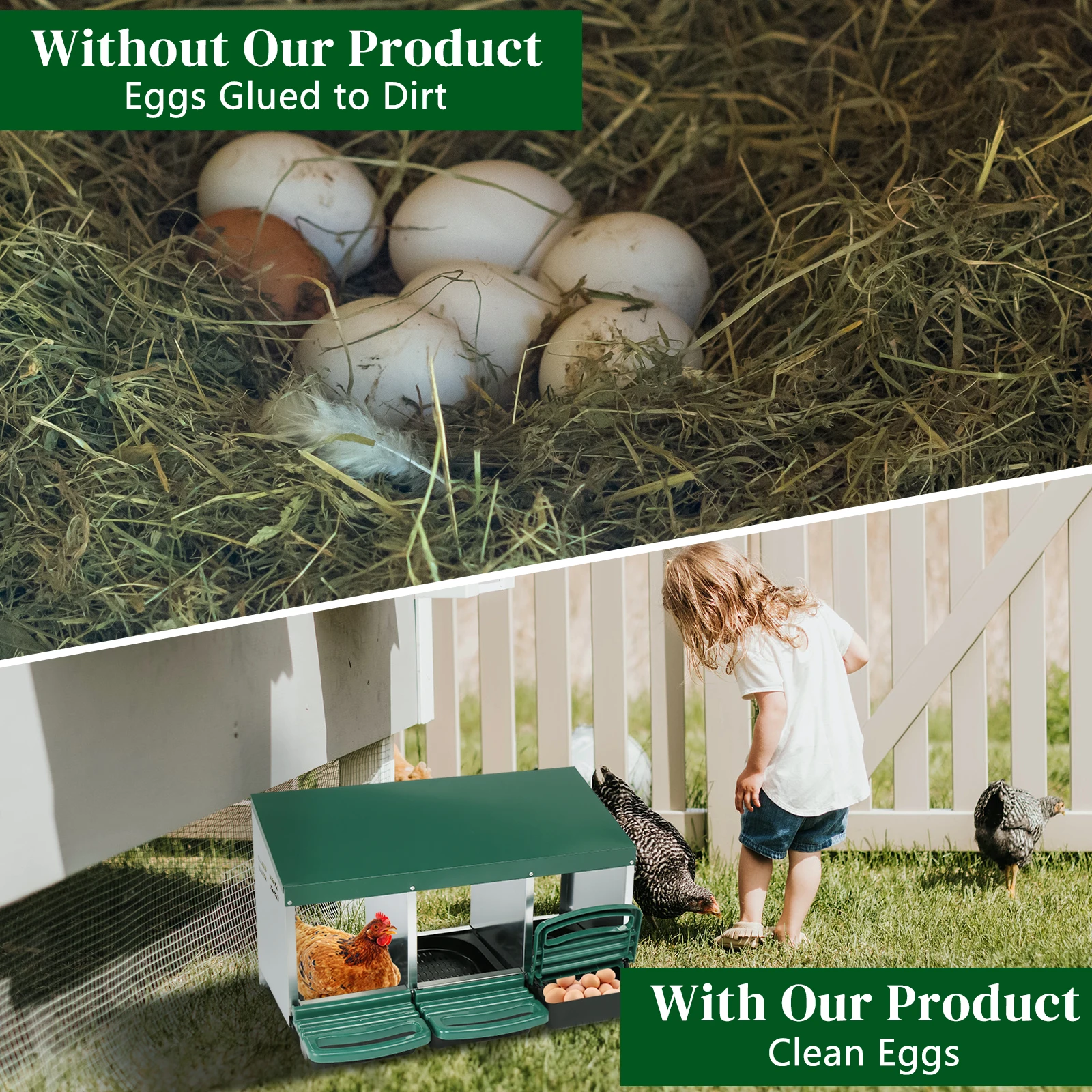 

3 Compartment Roll Out Chicken Nesting Box with Plastic Basket, Egg Nest Box Chicken Laying Box Hens Chicken Coop Box, Green