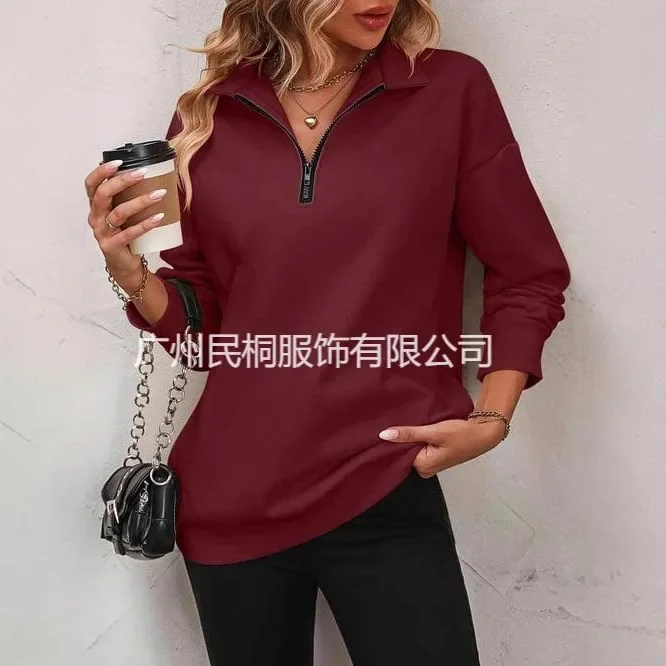 Damska bluza z długim rękawem i krótkim zamkiem błyskawicznym, modny sweter damski