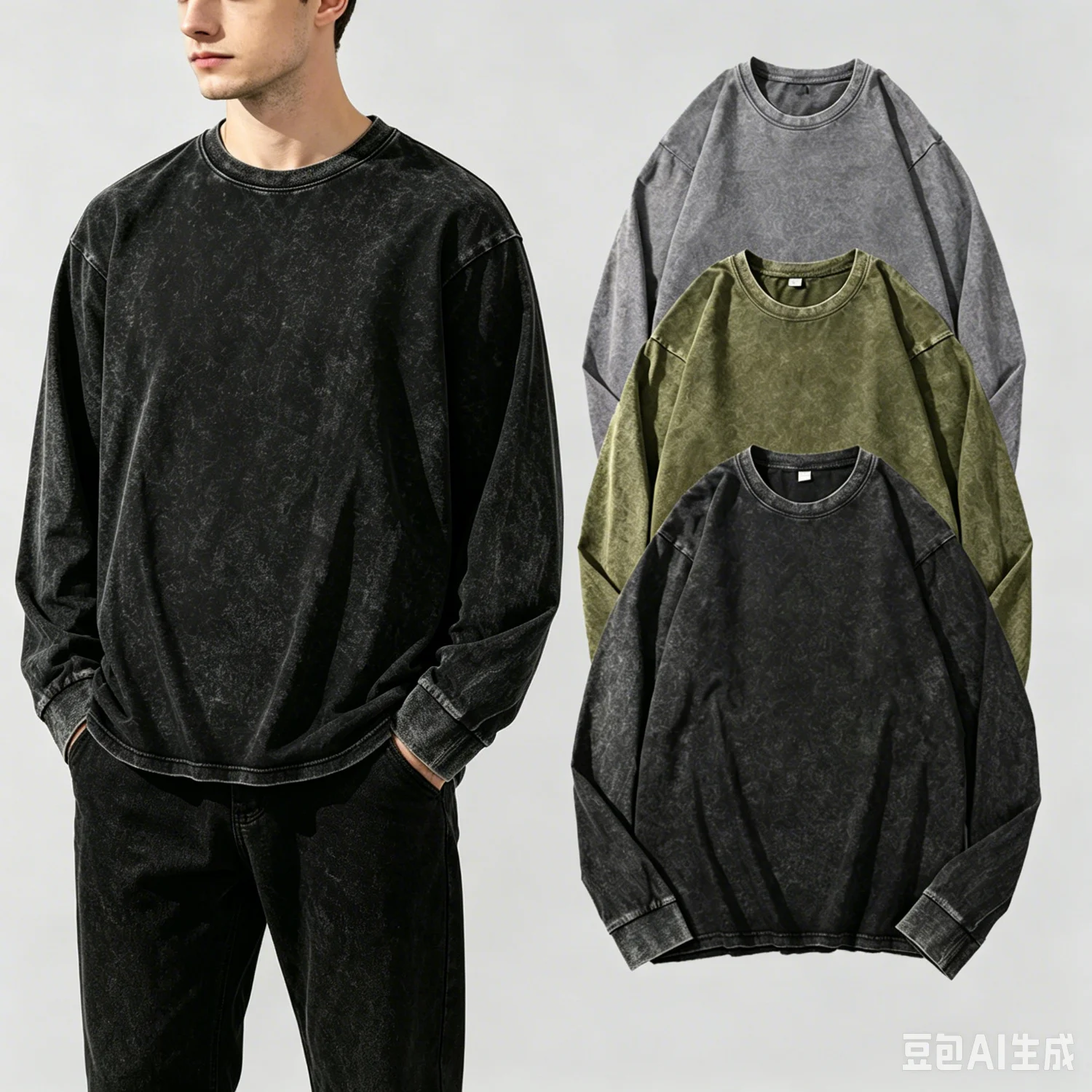 Men Washed Distressed Long Sleeve Tshirt Crew Neck Vintage Streetwear Casual Top Oversized Black Grey Army Green 3 Colors