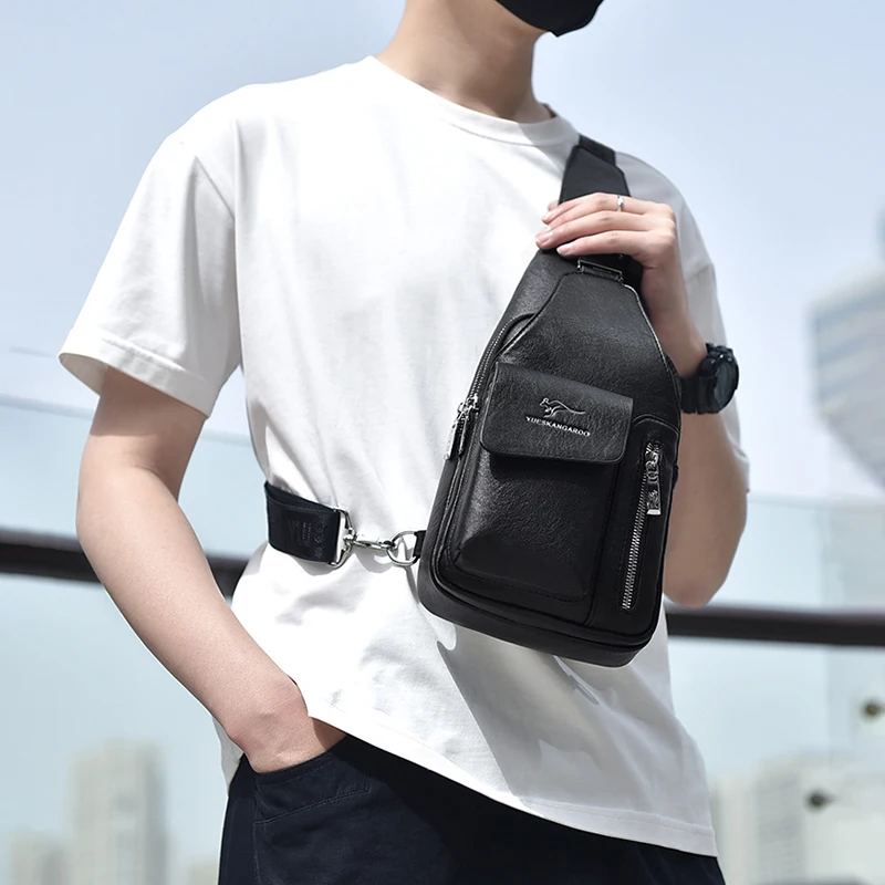 Men\'S Chest Bag Wallet Phone PU Leather Weekend Backpack Sling Small Chest Pack Cross Shoulder Necessaire Side Bag Male Husband