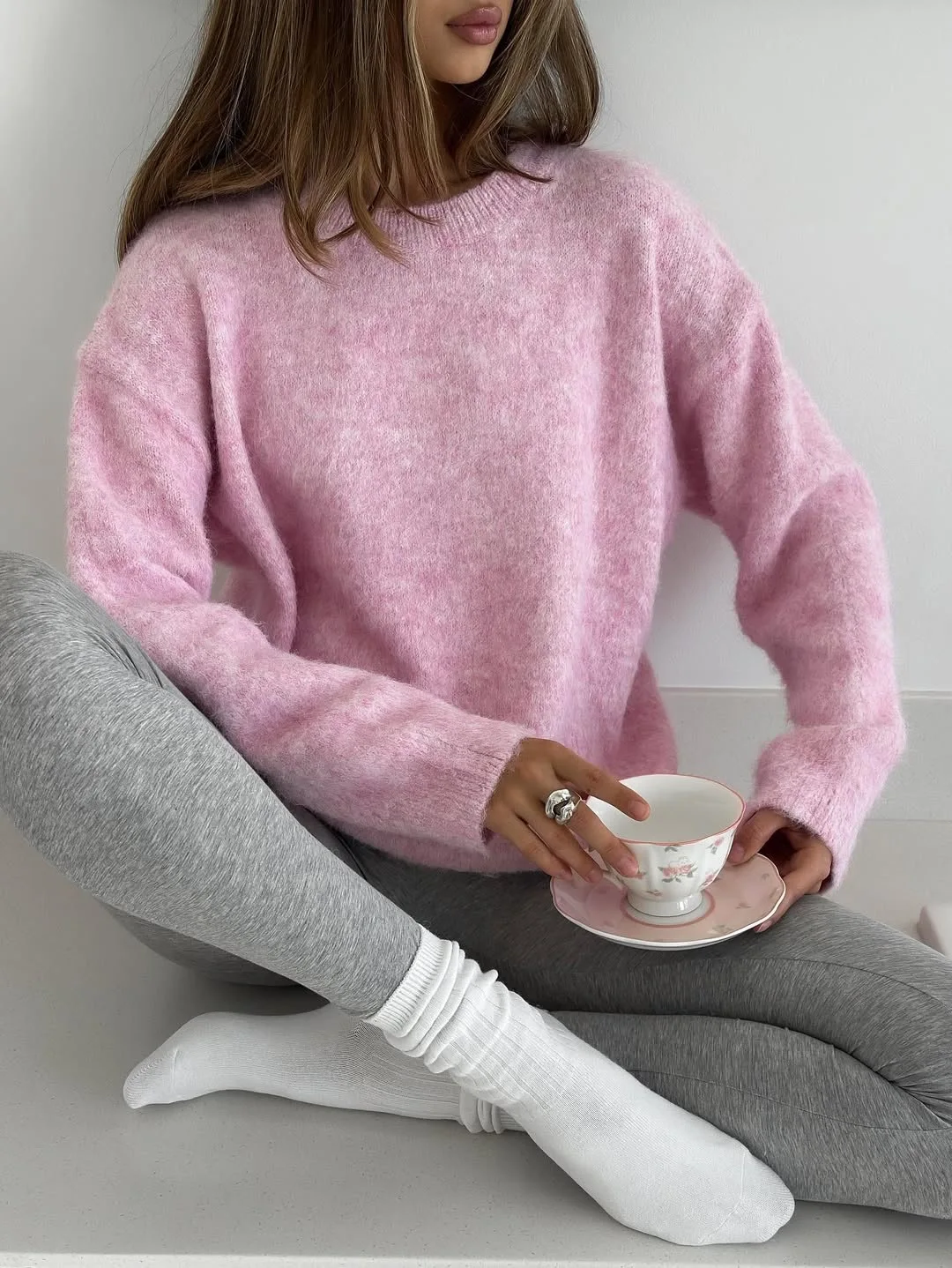 2026 Basic O Neck Basic Sleeve Sweater Women Oversized Short Knitted Wool Pullover Female Casual Thick Warm Soft Tops White