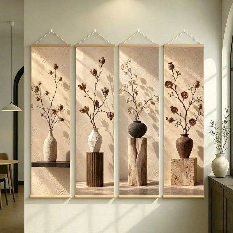 Wall Decor Nigella Pod and Honesty Pod, Natural Wabi-Sabi Botanical Silver Shimmer Canvas Hanging Scroll for Yoga Studio