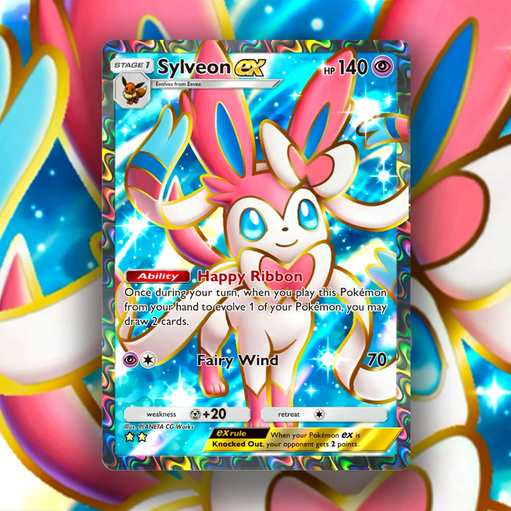 

Sylveon EX Two Stars Pkm Tcg Pocket Eevee Custom Top Quality Holographic Anime Collection Game Cards with Foil Texture