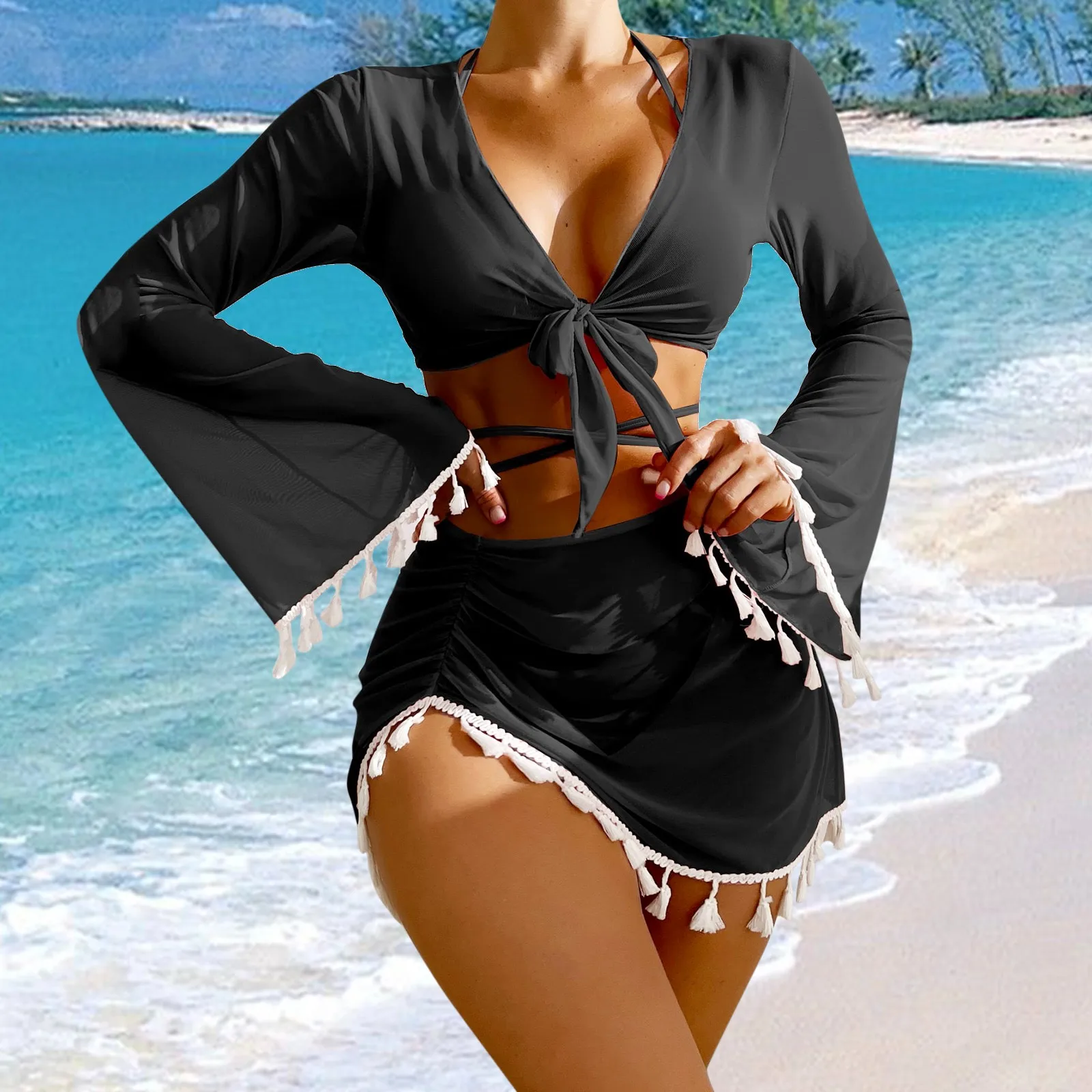 4-Pieces Bikini Set Cover Up With Tassels Skirt&Tops String Thong Bathing Suit Women Swimsuit Summer Swimwear Beach Wear