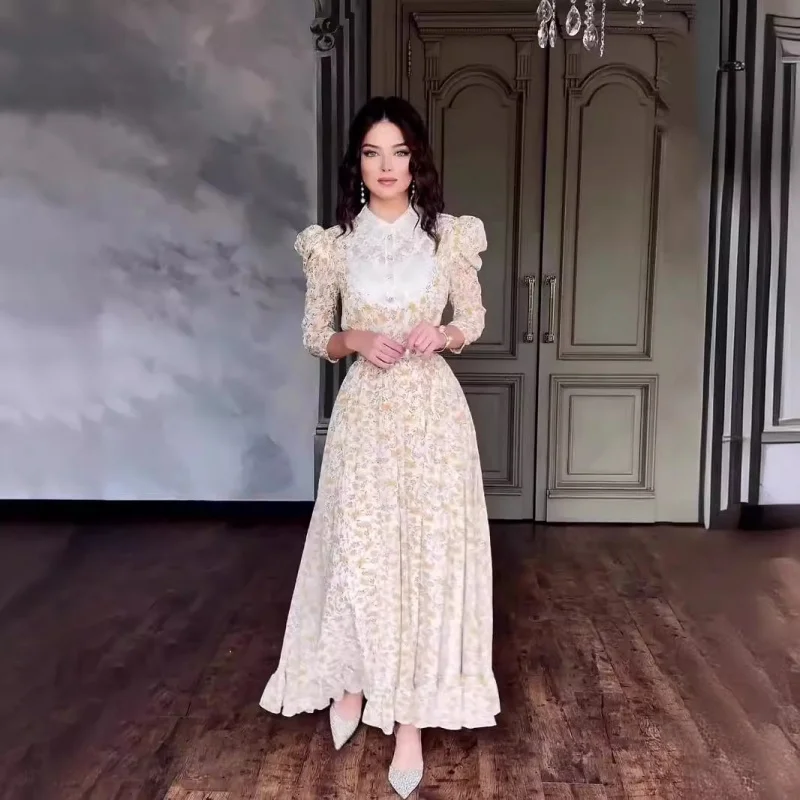 

New Year Fashion Doll Collar Lace Trim Patchwork Floral Slim Fit Long Dress