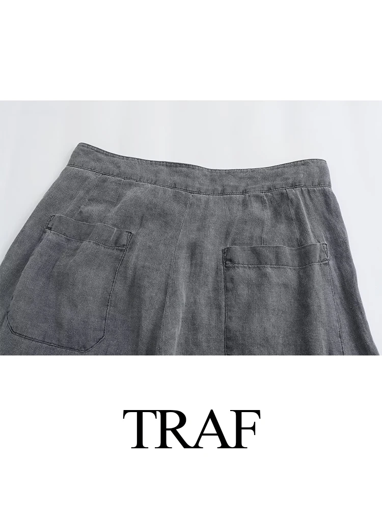 TRAFZA-Fato solto de botão chique feminino com decote em v, camisa monocromática, bolso de cintura alta, jeans longo casual, vintage aconchegante,