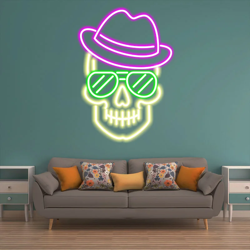 Skull In Hat And Sunglasses Neon Sign, Whimsical Wall Decor, Creative Neon Light In Shop & Bar