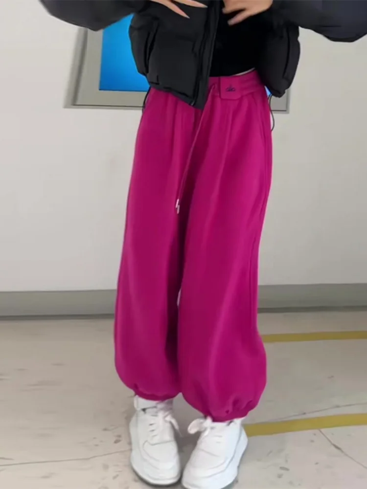 

Женские спортивные повседневные брюки с высокой талией на шнурке, широкие брюки-бананы, розово-красные, в корейском стиле, однотонные, прямые, для города