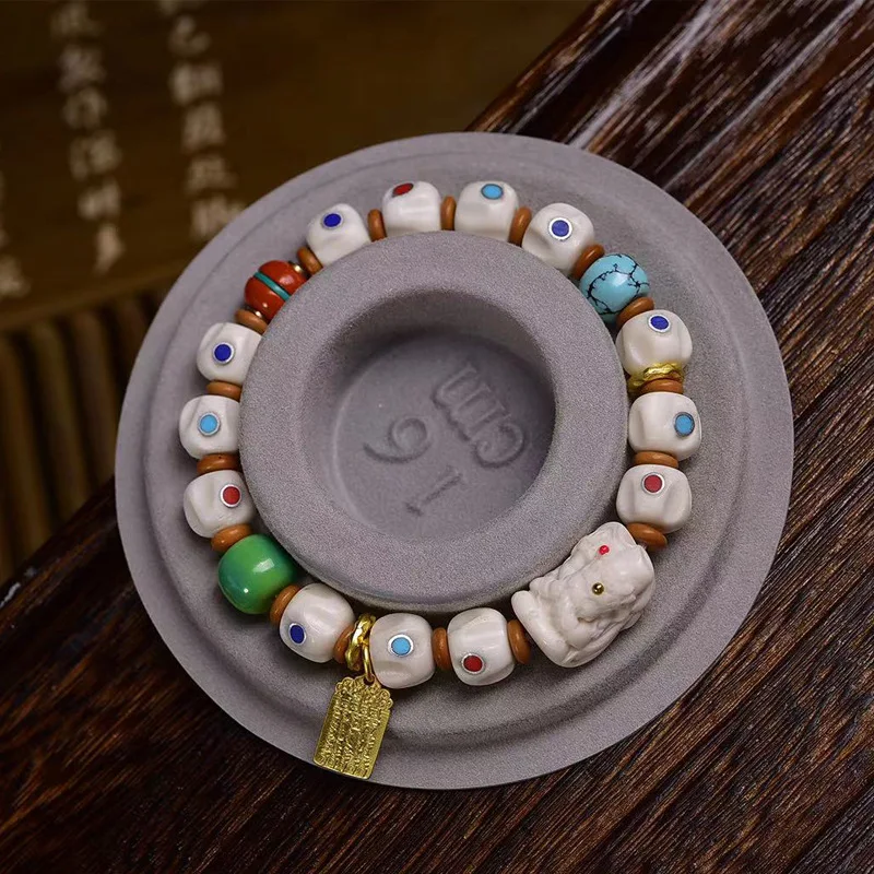 Natural yak bone carving, passion seed beads, old silver inlay, multi-bead bracelet, single-loop Tibetan-style cultural item, de