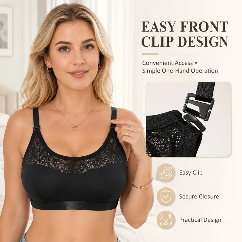 Women's Nursing Bra Wireless Lace Maternity Breastfeeding Bra Front Clip Seamless Soft Support Adjustable Straps Underwear