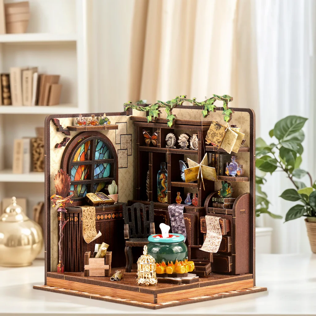 لغز خشبي ثلاثي الأبعاد ورشة عمل الكيمياء الرئيسية نموذج منزل مصغر لتقوم بها بنفسك عدة هدية حرفية إبداعية للبالغين ديكور المنزل #1