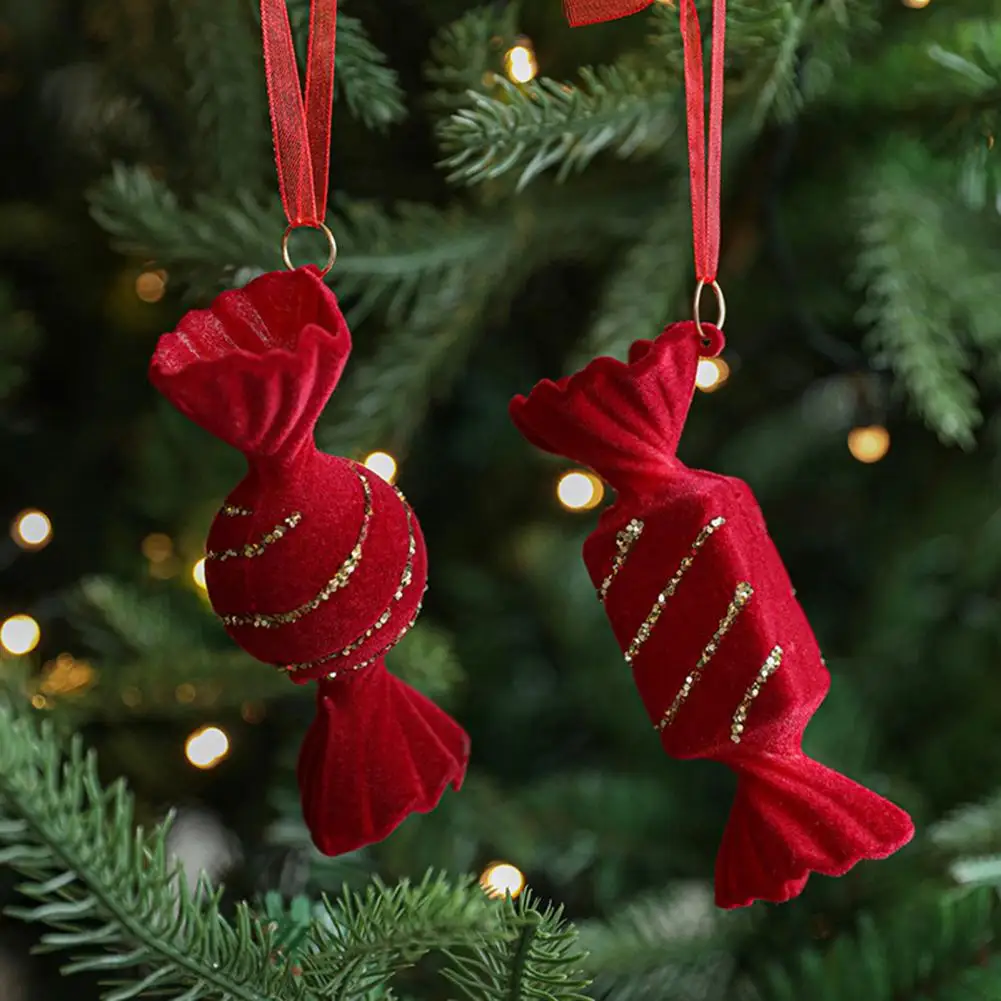 

Flocked Christmas Decoration Set Red Flocking Candy Cane Reindeer Bow Snowflake Xmas Tree Hanging Ornaments Home Decoration