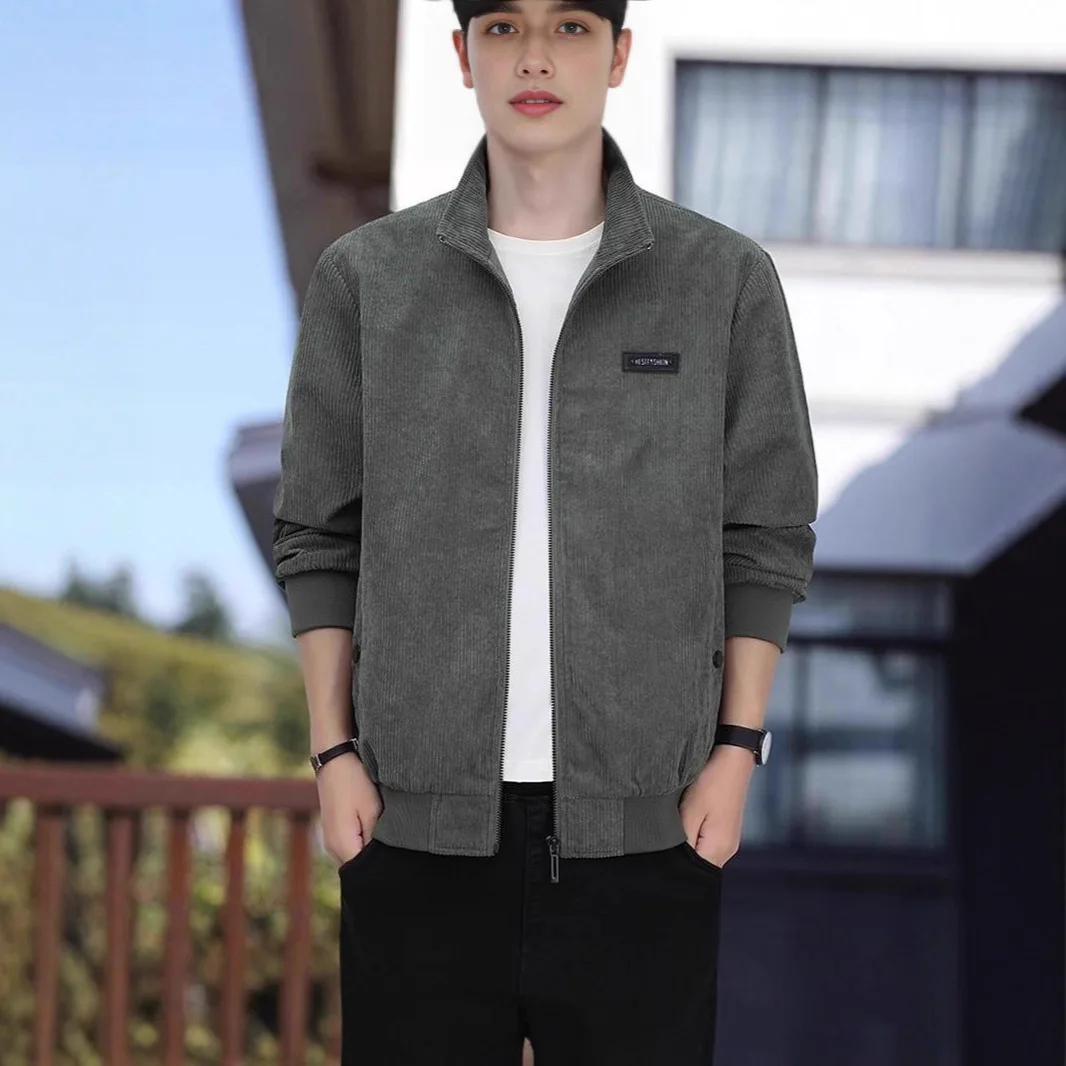 

Spring Autumn Corduroy Slim Fit Casual Men's Jaet Korean Sle Stand Collar Patchwork Faionable Outerwear for Youth