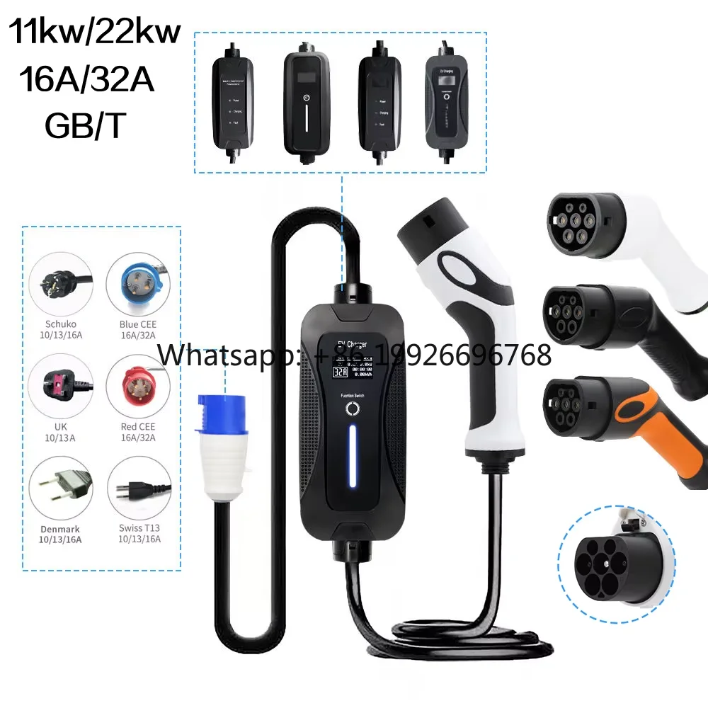 

11kw 22kw 16A 32A GB/T Mobile Level 2 OLCD Screen Portable Electric Vehicle Ev Charger for Wuling