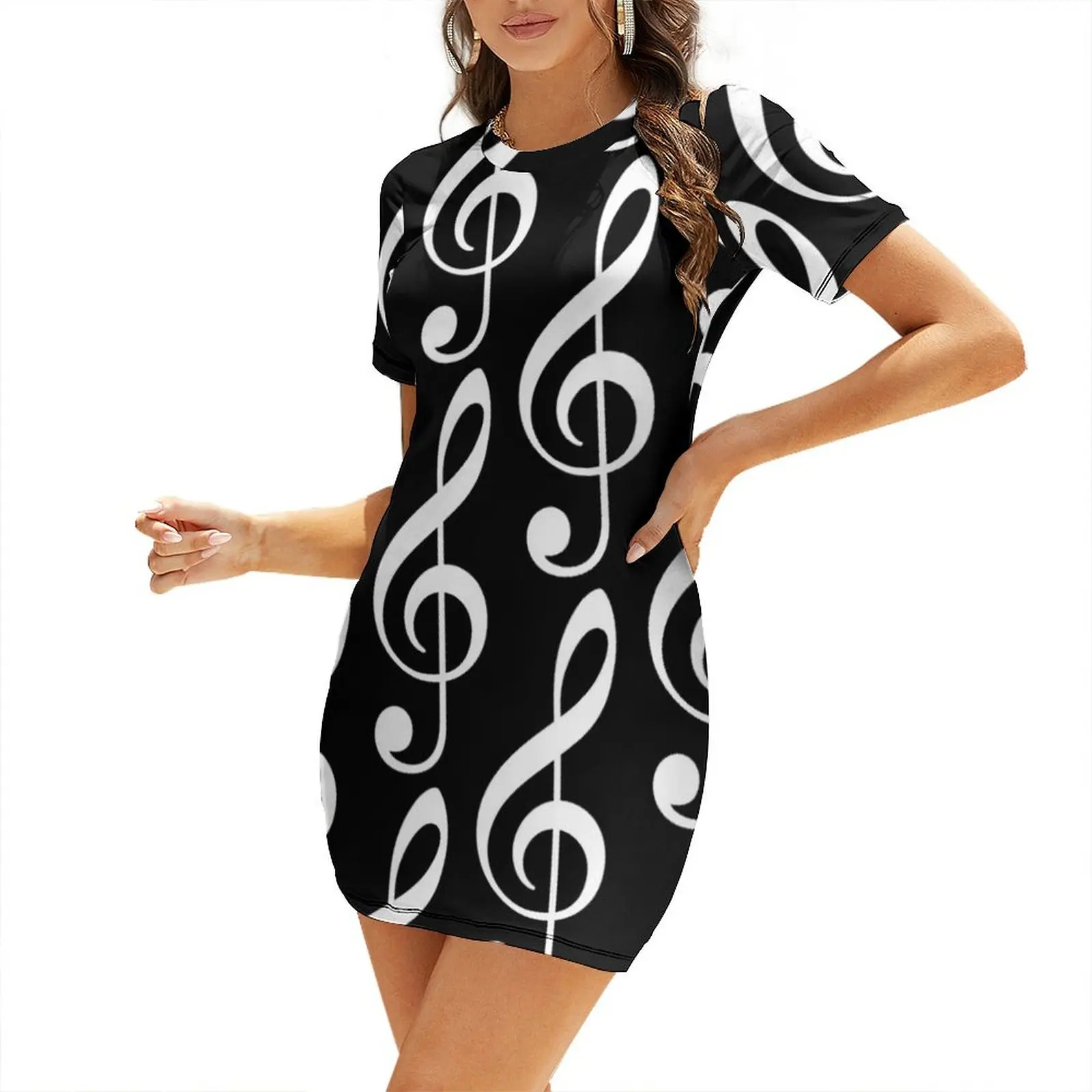 White Treble Clef on Black Short Sleeved Dress Women's skirt women long dresses long sleeve dress Dress