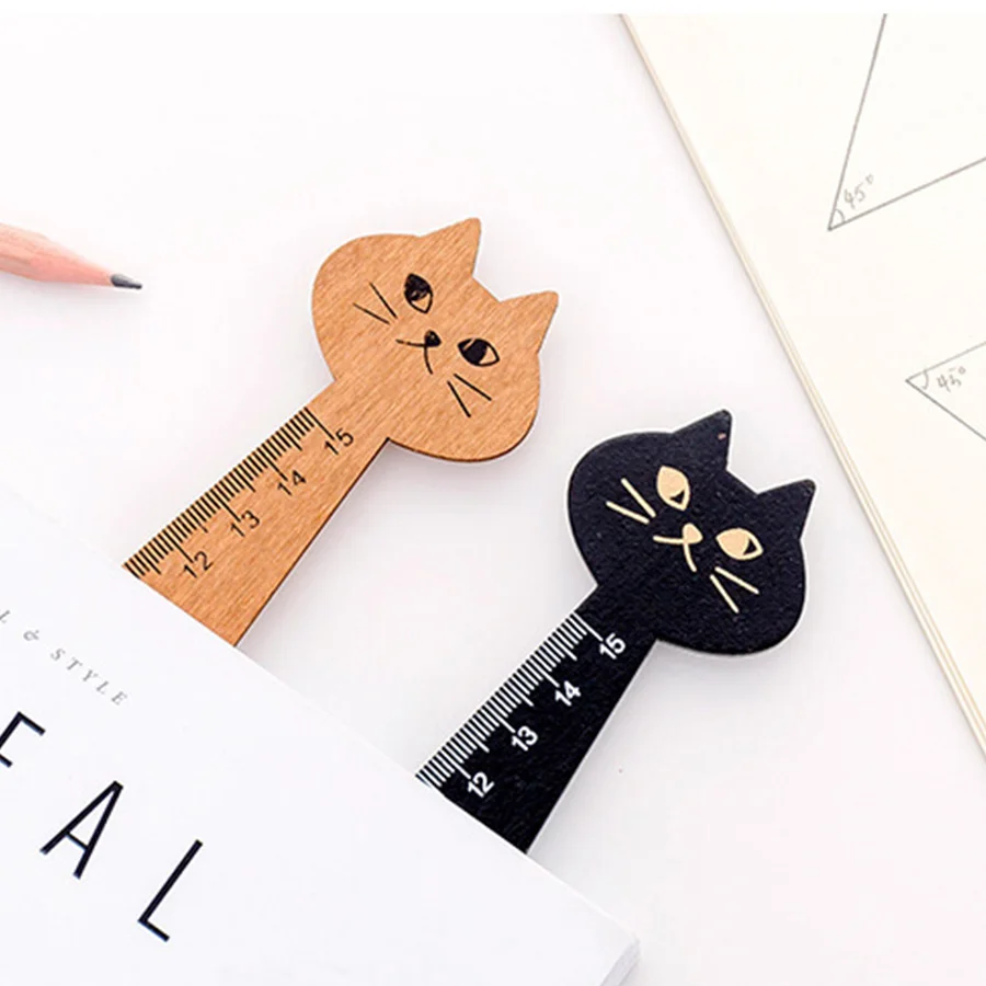 2pcs Cute Cat Straight Ruler Wooden Kawaii Tools Stationery Cartoon Drawing Gift Office School Supplies Kitty Measuring