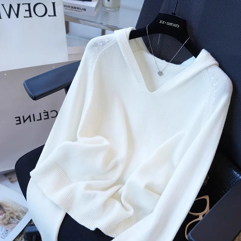 Spring new wool sweater sweater women loose hooded long sleeve sweater bottoming shirt soft waxy cashmere sweater