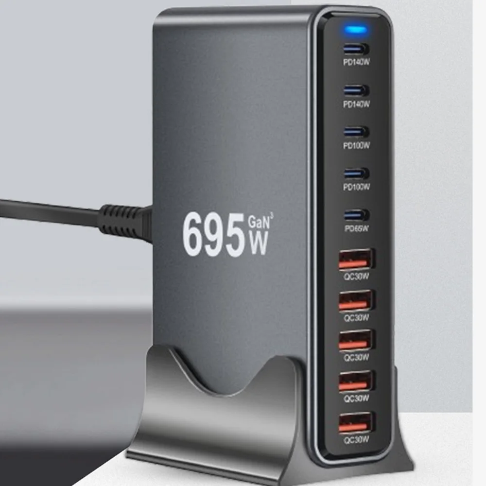 Горячее быстрое зарядное устройство GaN 695 Вт, 10-портовое USB C, двойная станция быстрой зарядки 140 Вт PD3.1 для iPhone 16, Samsung MacBook, настенное зарядное устройство для ноутбука