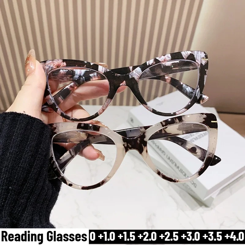 

Men Women Deluxe Cat's Eye Large Frame HD Reading Glasses Women's New Anti-Blue Light Fashion Trend Farsighted Glasses +3.5+4.0