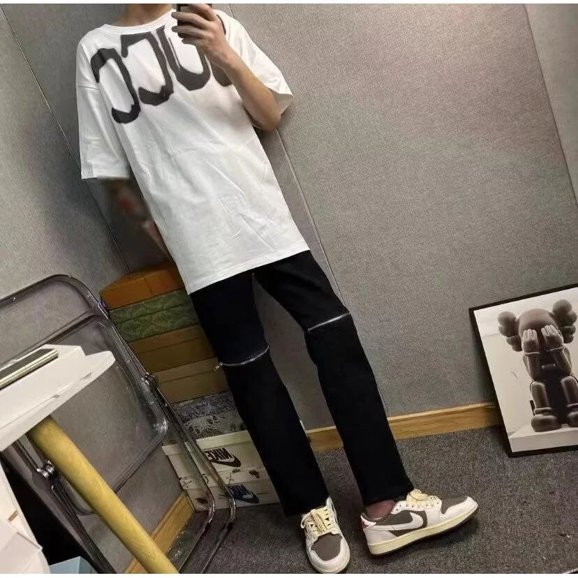 

Новые американские джинсы High Street с молнией, мужские, модные, свободные, повседневные, длинные брюки, прямые джинсы, молодежные, популярные