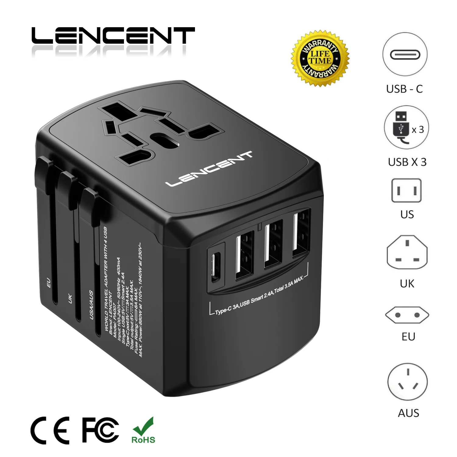 LENCENT International Travel Adapter Travel Charger with 3 USB Port and 1 Type C All-in-one Wall Charger for US EU UK AUS Travel