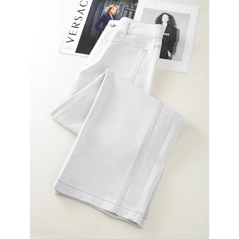 جينز أبيض للنساء، نمط الربيع والخريف، سراويل مستقيمة فضفاضة للتخسيس، سراويل ضيقة واسعة الساق عصرية رائجة البيع #3