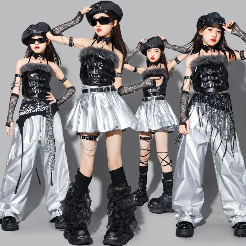 Hip Hop Girls Crop Top Cargo Pants Street Dance Skirts Kids K-pop Jazz Shorts Girl Group Clothes Set Children Streetwear Costume