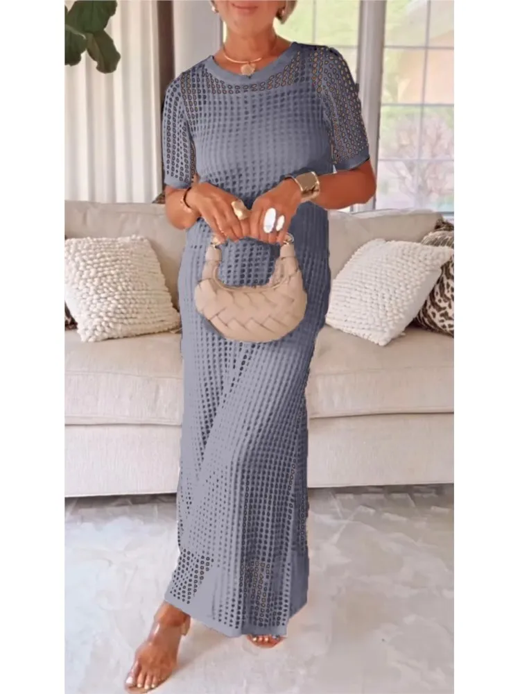 Solid Hollow Out Dress For Women Fashion Short Sleeve O Neck Loose Dresses Robe Femme Casual Holiday Boho Vestidos Clothes New